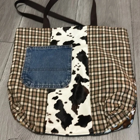Western Brown and Blue Horse Print Tote Bag - Picture 3 of 9